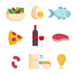 Set of colorful flat stroke icons of food. Groups and goods.
