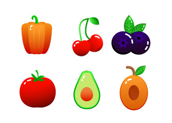 A set of useful products red pepper, tomato, avocado, cherry, apricot, blueberry isolated on a white background.