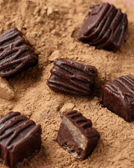 Homemade dark chocolate with walnut. Raw chocolate with nuts, kerob, stevia, acai, guarana. Selective focus, close up