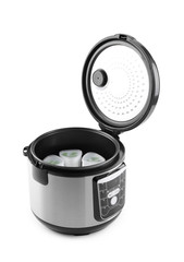 Open multi cooker with cups of homemade yogurt isolated on white