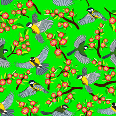 Seamless pattern, birds in flight and flowering branches on a green background