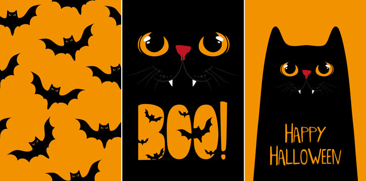 Halloween cards set, vector illustrations with black cat.