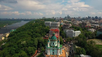 Famouse Kiev Ukraine St Andrew's Church . View from above. aerial video footage.
