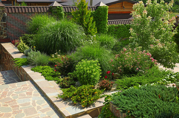 Picturesque landscape with beautiful green garden on sunny day