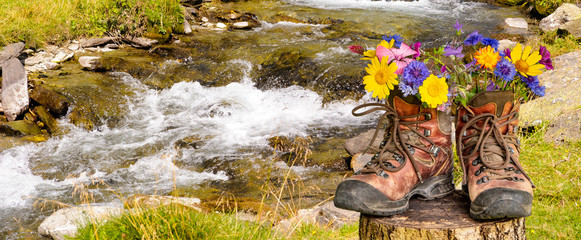 Wanderschuhe mit Blumen in schöner bayerischer Landschaft
