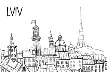 Naklejka premium Vector line sketch city of Ukraine. Lviv city