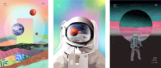 Vektor-Illustration von Raum, Kosmonaut und Galaxie für Poster, Banner oder Hintergrund. Abstrakte Zeichnungen der Zukunft, Science Fiction und Astronomie