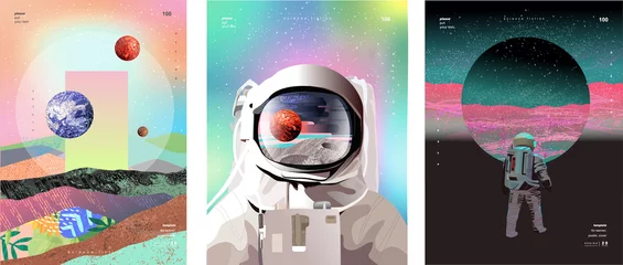 Deurstickers Tienerkamer Vectorillustratie van ruimte, kosmonaut en melkweg voor poster, spandoek of achtergrond. Abstracte tekeningen van de toekomst, sciencefiction en astronomie
