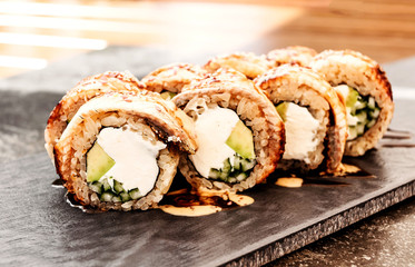 Philadelphia sushi with eel. Japanese, Pan-Asian cuisine, menu.