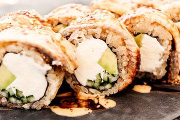 Philadelphia sushi with eel. Japanese, Pan-Asian cuisine, menu.