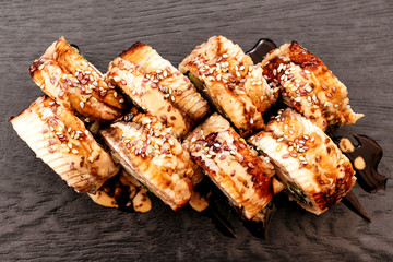 Philadelphia sushi with eel. Japanese, Pan-Asian cuisine, menu.