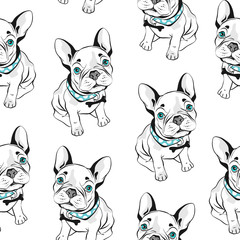 Materiał do szycia French bulldog seamless pattern on white background. Vector illustration. Hand drawn funny dogs with blue eyes.