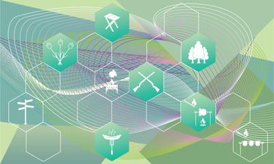 Poster with Set of travel and camping equipment icons