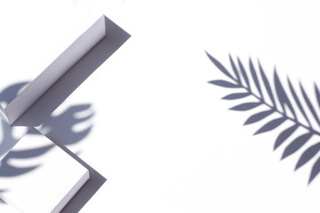 Tropical leaves shadows on the white paper background on the noon sun. Summer concept frame. Copy space