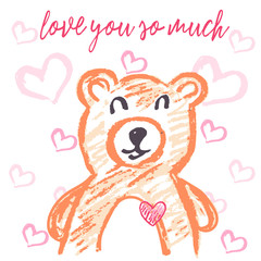 Cute illustration, postcard. Greeting card with hearts and cute animals. Happy Valentine's Day