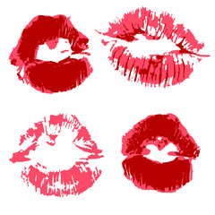Vector set of illustrations. Lips, kisses, lipstick. Collection of romantic elements for graphic design
