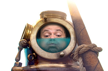 Portrait of man in old diving suit and helmet, isolated on white background. Funny diver in retro...