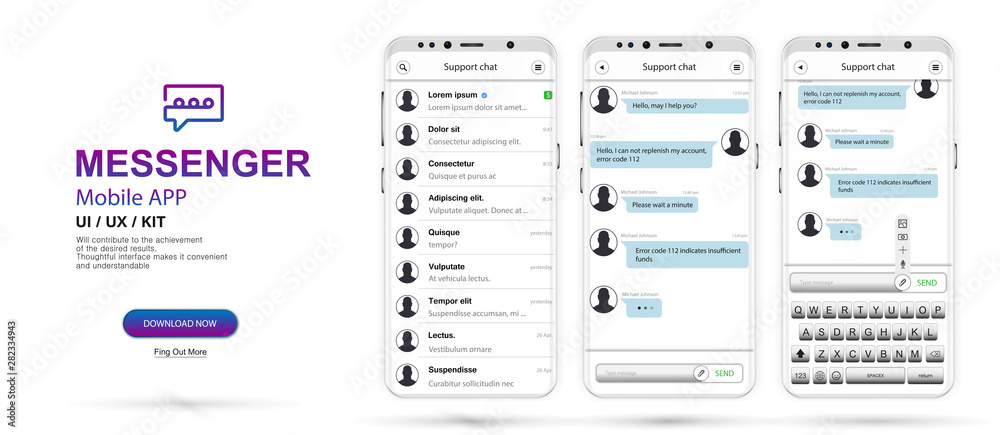 Aufkleber messenger, social network, chat interface. ui, ux, kit design concept. mobile modern messenger app. 