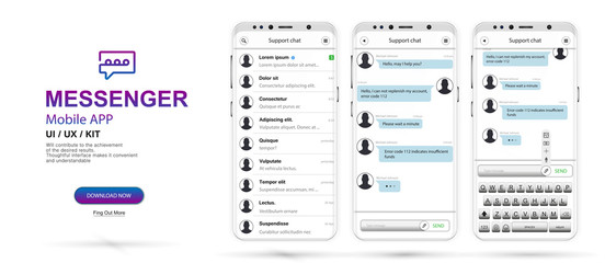 Messenger, Social network, Chat Interface. UI, UX, KIT Design Concept. Mobile modern Messenger App. Chat application on 3 smartphone screens. Social network flat style. Vector illustration 