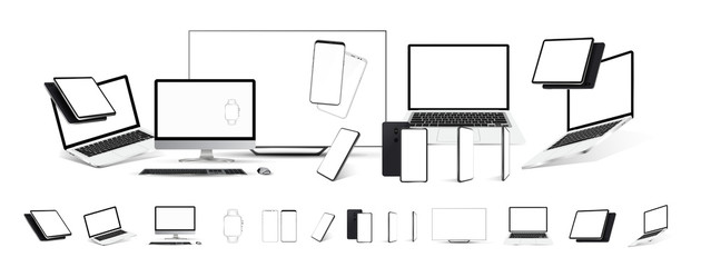 Mockups gadgets vector set. 3D realistic models technology device and electronics (tablet, tv, laptop,mobile cell phone, smartphones, pc monitor) Gadgets from different angles, perspective, isometric
