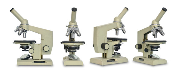 Microscope in different projections isolated on white isolated background. Set for designer.