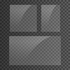 Square, vertical and 16x9 panel. Glass plate set on transparent background. Clear glass showcase. Realistic window mockup. Reflecting rectangle glass banner. Stock vector illustration