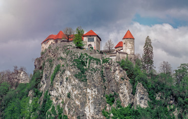 Bled castle over Bled lake, historical sightseen on Slovenia