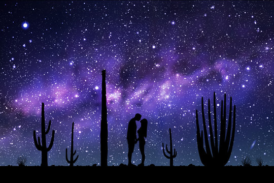 Lovers between cactuses in park at night. Vector illustration with silhouette of loving couple. Landscape with cacti. Space dark background with starry sky and Milky Way