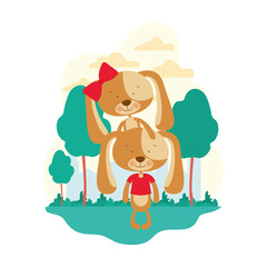 cute couple of puppies with landscape background