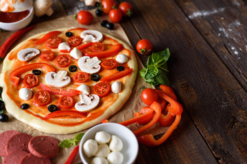 pizza with champignons, cherry tomatoes, bell peppers, salami, mozzarella and olives before baking with space for text