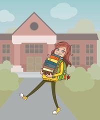 School girl with colorful pile of books on school building background. Back to school. Happy student. Vector cartoon character. Literacy Day.