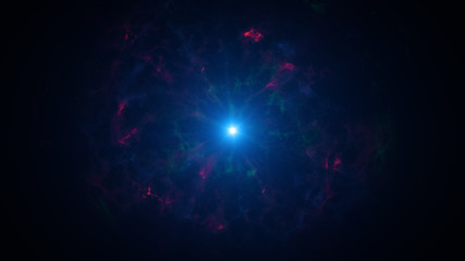 Colorful shock wave consisting particles. VFX elements, Graphic Elements. Light beam, shine through the clouds, dust, nebulae of outer space. 3D Rendering