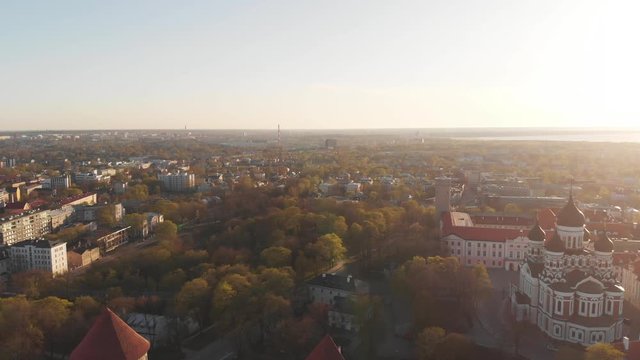 View top on historic centre of Tallinn in the Estonia. Red roofs of the old houses of the European city Tallinn. The ancient architecture. Roof with wings.