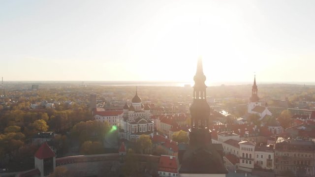 View top on historic centre of Tallinn in the Estonia. Red roofs of the old houses of the European city Tallinn. The ancient architecture. Roof with wings.