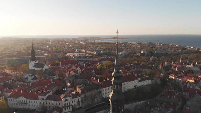 View top on historic centre of Tallinn in the Estonia. Red roofs of the old houses of the European city Tallinn. The ancient architecture. Roof with wings.