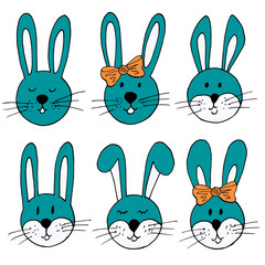Easter illustration. Happy Easter. Set of cute drawings, Easter bunny. A collection of images of hares. Pastel turquoise, orange bows