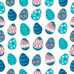 Festive textiles packaging. Seamless pattern, background. Easter illustration. Happy Easter. Hand drawing, easter eggs. Blue palette