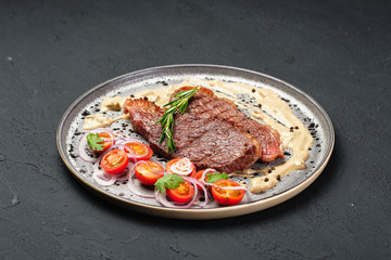 Fresh Cooked Meat on Metallic Plate Sliced Tomato