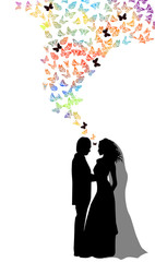 Fototapeta na wymiar Bride and Groom Silhouette. A lot of flying butterflies. Vector illustration