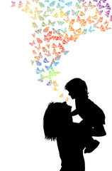 Silhouette of mother with daughter in her arms with butterflies. Vector illustration