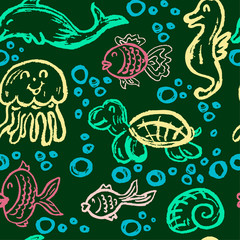 Cute children's drawing. Colored wax crayons. Icons, signs, symbols, pins