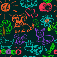 Cute children's drawing. Colored wax crayons. Icons, signs, symbols, pins