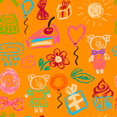 Cute children's drawing. Colored wax crayons. Icons, signs, symbols, pins