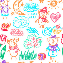 Cute children's drawing. Colored wax crayons. Icons, signs, symbols, pins