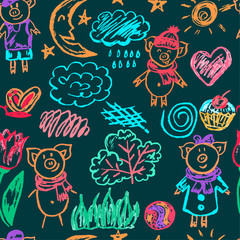 Cute children's drawing. Colored wax crayons. Icons, signs, symbols, pins