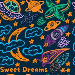 Cute children's drawing. Wax crayons. Icons, signs, symbols, pins