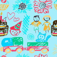 Cute children's Seamless drawing. Colored wax crayons