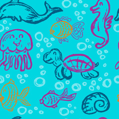 Seamless children's drawing. Wax crayons. Icons, signs, symbols, pins