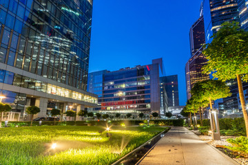 International Business Centre at twilight time. Evening lights of skyscrapers