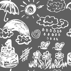 Cute children's drawing. Wax crayons. Icons, signs, symbols, pins